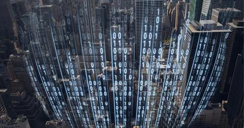 Composition of digital interface over a cityscape in background Stock Photos