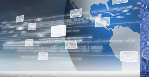 Composition of digital mail icons and binary coding over globe and computer Illustrazione stock