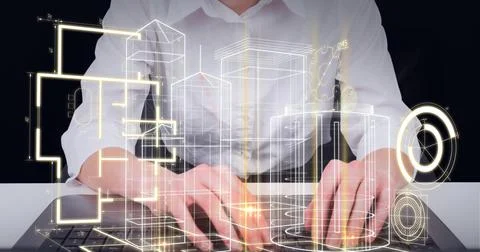 Composition of digital scopes over 3d architecture model over woman typing on Stock Photos