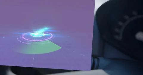 Composition of digital screen with data processing over man driving car Illustrazione stock