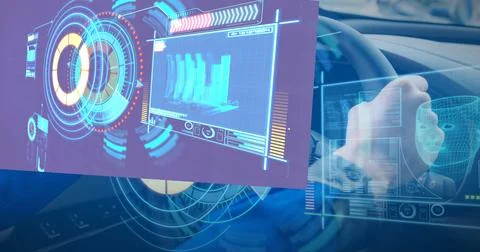 Composition of digital screen with data processing over man driving car Illustrazione stock