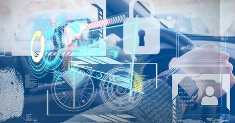 Composition of digital screen with data processing over man driving car 스톡 사진