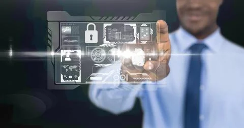 Composition of digital security icons over mixed race man 스톡 사진