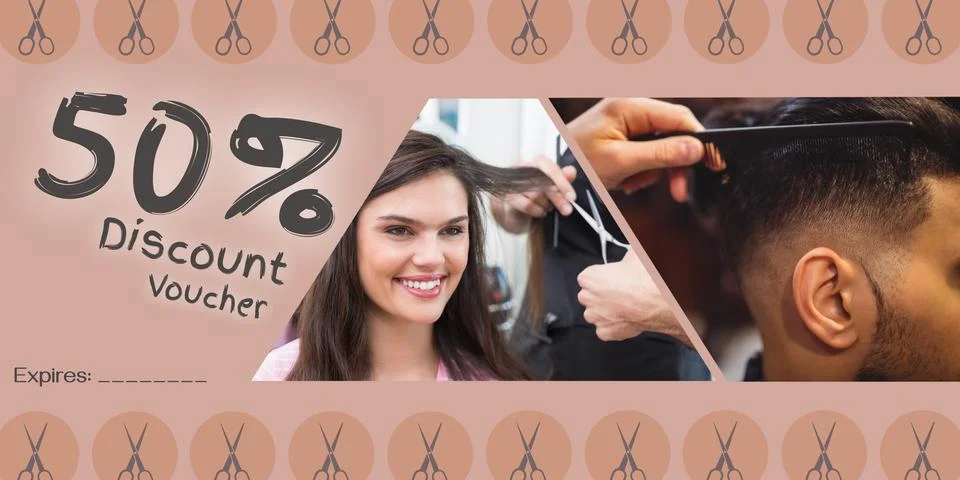 Composition of discount voucher text over diverse customers at hair salon Stock Photos
