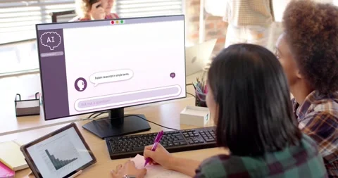 Composition of diverse women using computer with ai chat on screen Stock Footage 331206541