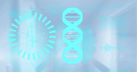 Composition of dna strand and data processing over hospital Stockillustratie