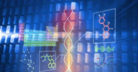 Composition of dna strand and scientific data processing on blue background Stock Illustration