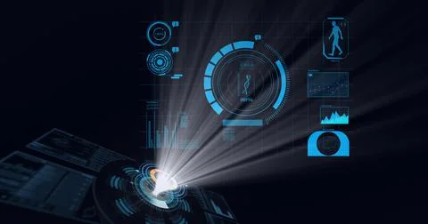 Composition of dna strand, human model, medical data processing and scopes Stock Illustration
