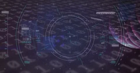 Composition of dna strand over binary coding data processing Illustrazione stock