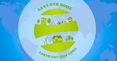 Composition of earth day ecology text and green logo over world map Ilustração Stock