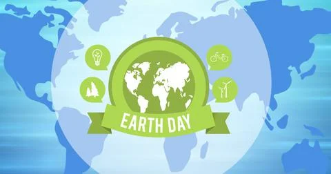 Composition of earth day text and green globe logo over world map background Ilustração Stock