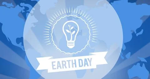 Composition of earth day text and plant light bulb logo over world map Ilustração Stock
