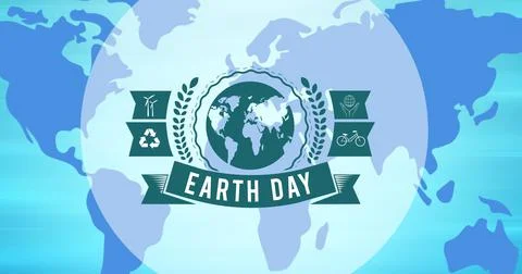 Composition of earth day text and green globe logo over world map background Stock Illustration
