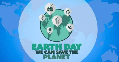 Composition of earth day text and green globe logo over world map background Ilustração Stock