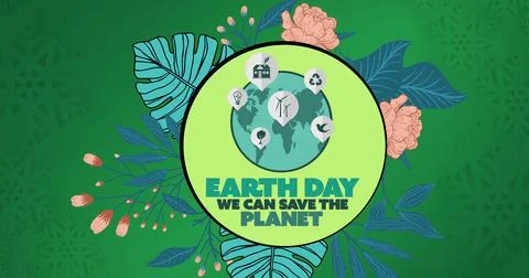 Composition of earth day text and globe logo with leaves and flowers over green Ilustração Stock