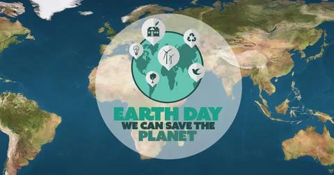 Composition of earth day text and green globe logo over world map background Ilustração Stock