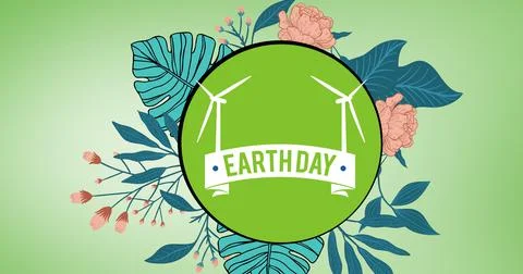 Composition of earth day text and windmill logo, with leaves and flowers over Ilustração Stock
