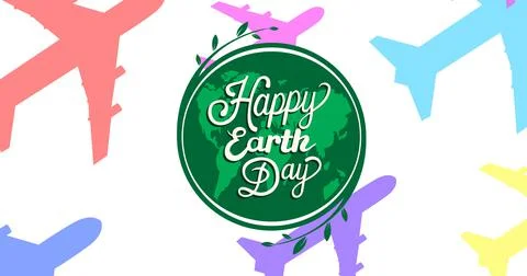 Composition of earth day text and green globe logo over colorful planes on white Ilustração Stock