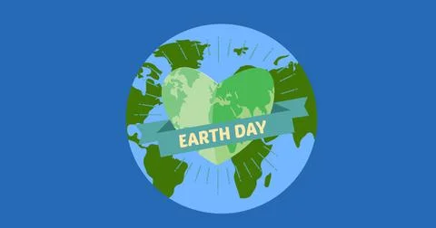 Composition of earth day text and heart logo over globe on blue background Ilustração Stock