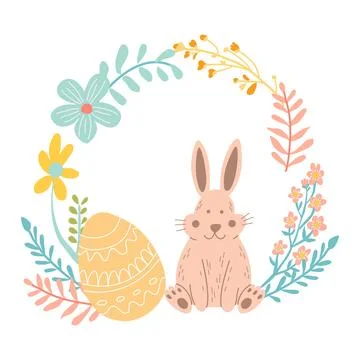 Composition with easter bunny, egg and flowers. Wreath Stock Illustration
