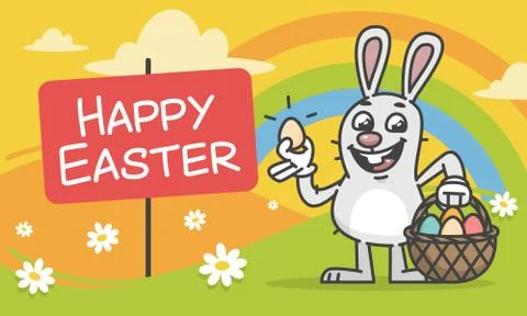 Composition Easter Bunny Holding Egg and Basket Stock Illustration
