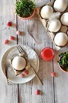 Composition with Easter eggs and branches on wite background.Postcard. Stock Photos