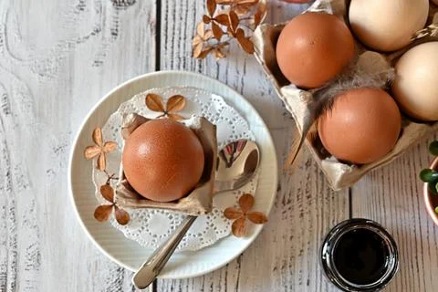 Composition with Easter eggs and branches on wite background.Postcard. Stock Photos