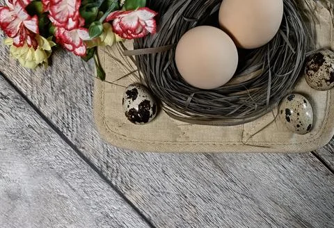 Composition with Easter eggs and branches on yellow background.Postcard. Stock Photos