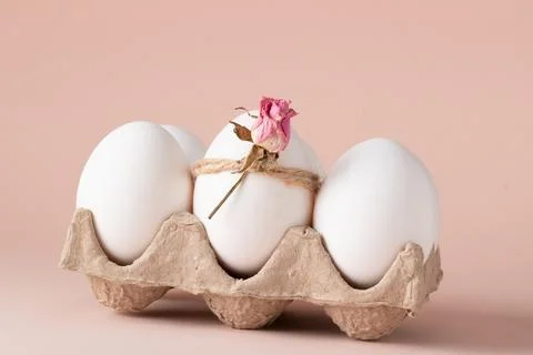 Composition with Easter eggs and eco-decor of dried roses on a beige backgrou Stock Photos