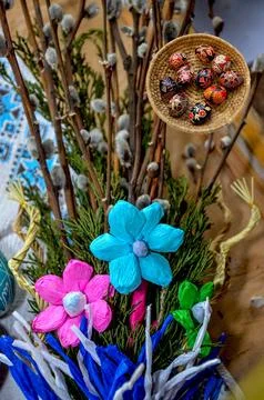 Composition with Easter eggs and green branches Stock Photos