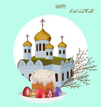 Composition with Easter eggs, Easter on a tray on the background of the temple. Stock Illustration