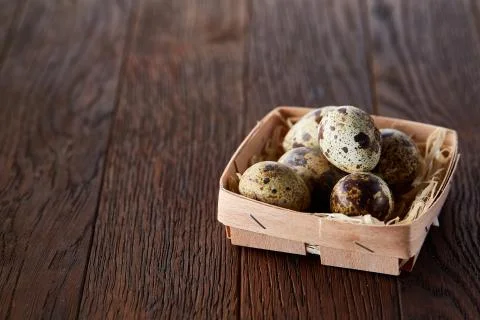 Composition of eggs quail box, eggs on a homespun napkin, boxwood on wooden Stock Photos