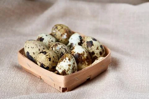 Composition of eggs quail box, eggs on a homespun napkin, boxwood on wooden Stock Photos