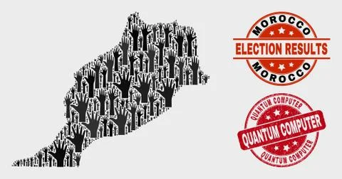 Composition of Election Morocco Map and Scratched Quantum Computer Stamp Seal Stock Illustration
