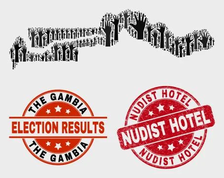 Composition of Electoral The Gambia Map and Scratched Nudist Hotel Stamp Seal Stock Illustration