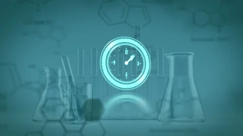 Composition of empty laboratory with blue clock blurred copy space Stock Footage 330338376