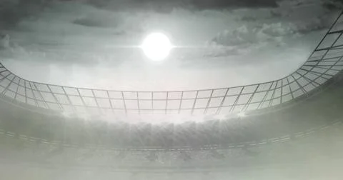 Composition of empty sports stadium with glowing spotlights Illustrazione stock