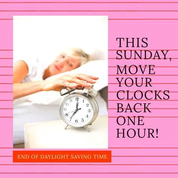 Composition of end of daylight saving time text over caucasian woman with clock Stock Photos