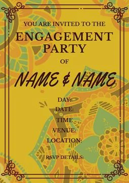 Composition of engagement invitation text over indian pattern on yellow 스톡 일러스트