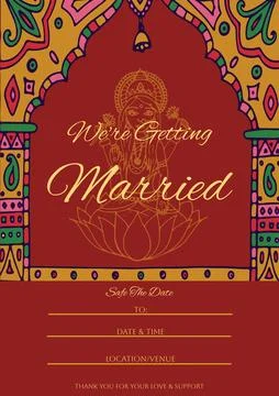Composition of engagement invitation text over indian pattern on red background Stock Illustration