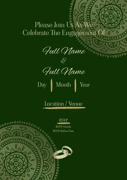 Composition of engagement invitation text over indian pattern on green Ilustración de archivo
