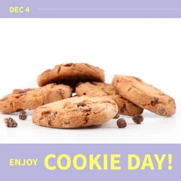 Composition of enjoy cookie day text over cookies on white background Stock Photos
