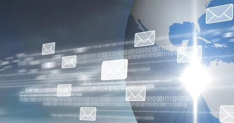 Composition of envelope icons with binary coding over globe 스톡 일러스트