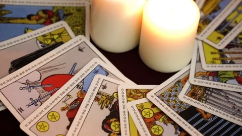 Composition of esoteric objects on mystic background. Occult concept close-up. Stock Footage 108017172