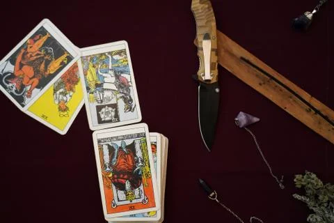 Composition of esoteric objects used for meditation on dark background. Stock Photos