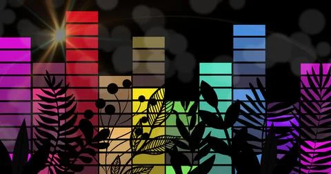 Composition of exotic plants over graphic music equalizer background Illustrazione stock
