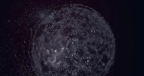 Composition of exploding bust formed with particles and globe of network of イラスト素材