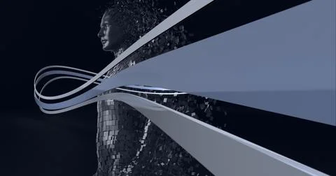 Composition of exploding human body and grey trails of information イラスト素材