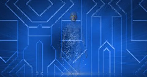 Composition of exploding human body formed with grey particles and blue circuit 스톡 일러스트