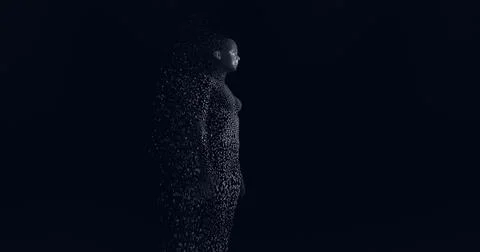 Composition of exploding human body formed with binary coding on black Illustrazione stock